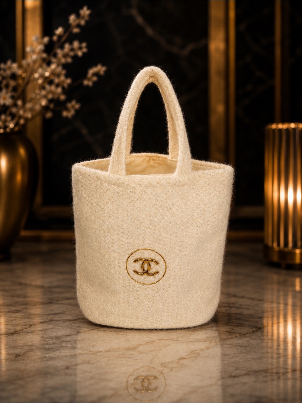 CHANEL Mini White Fuzzy Cosmetic Tote Bag Ivory Bouclé Vanity Pouch Brand New